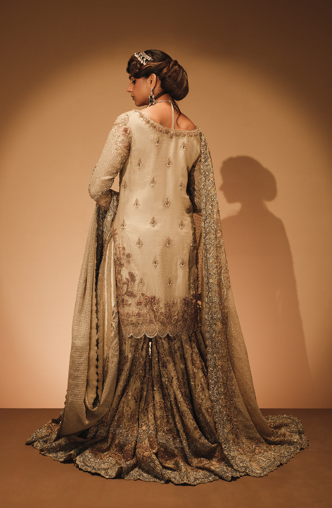 Andaaz - Bridal Shirt in French Beige Paired with a Farshi Gharara