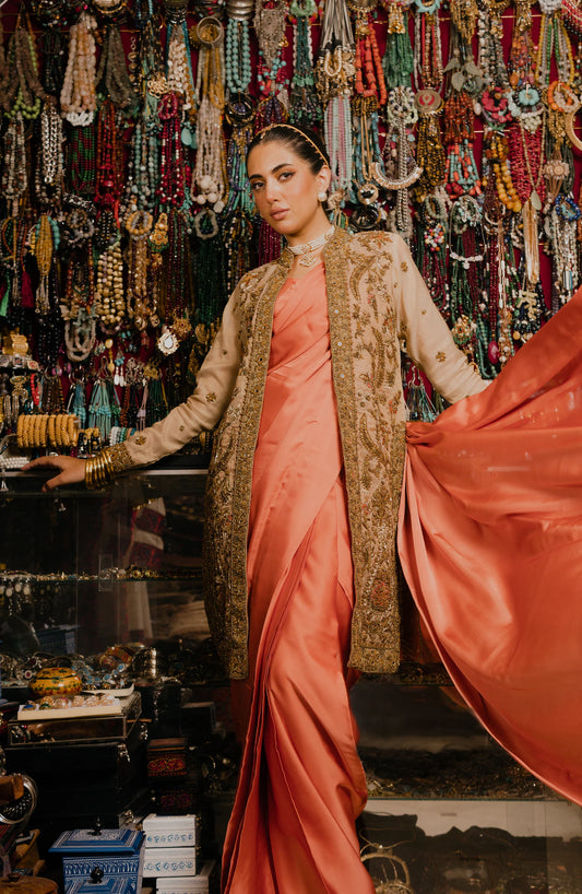 Coral Deluxe - Coral Pink Charmeuse Silk Saree Paired With Embellished Organza Jacket
