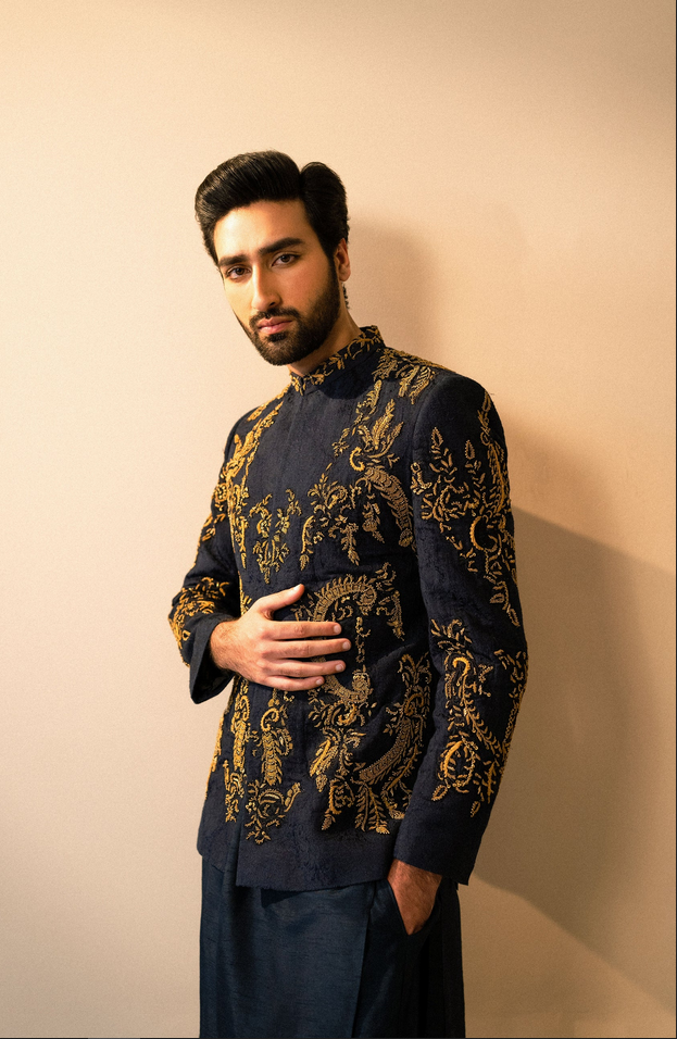 Dastoor - Midnight Blue Prince Coat Paired with a Silk Kurta & Pants