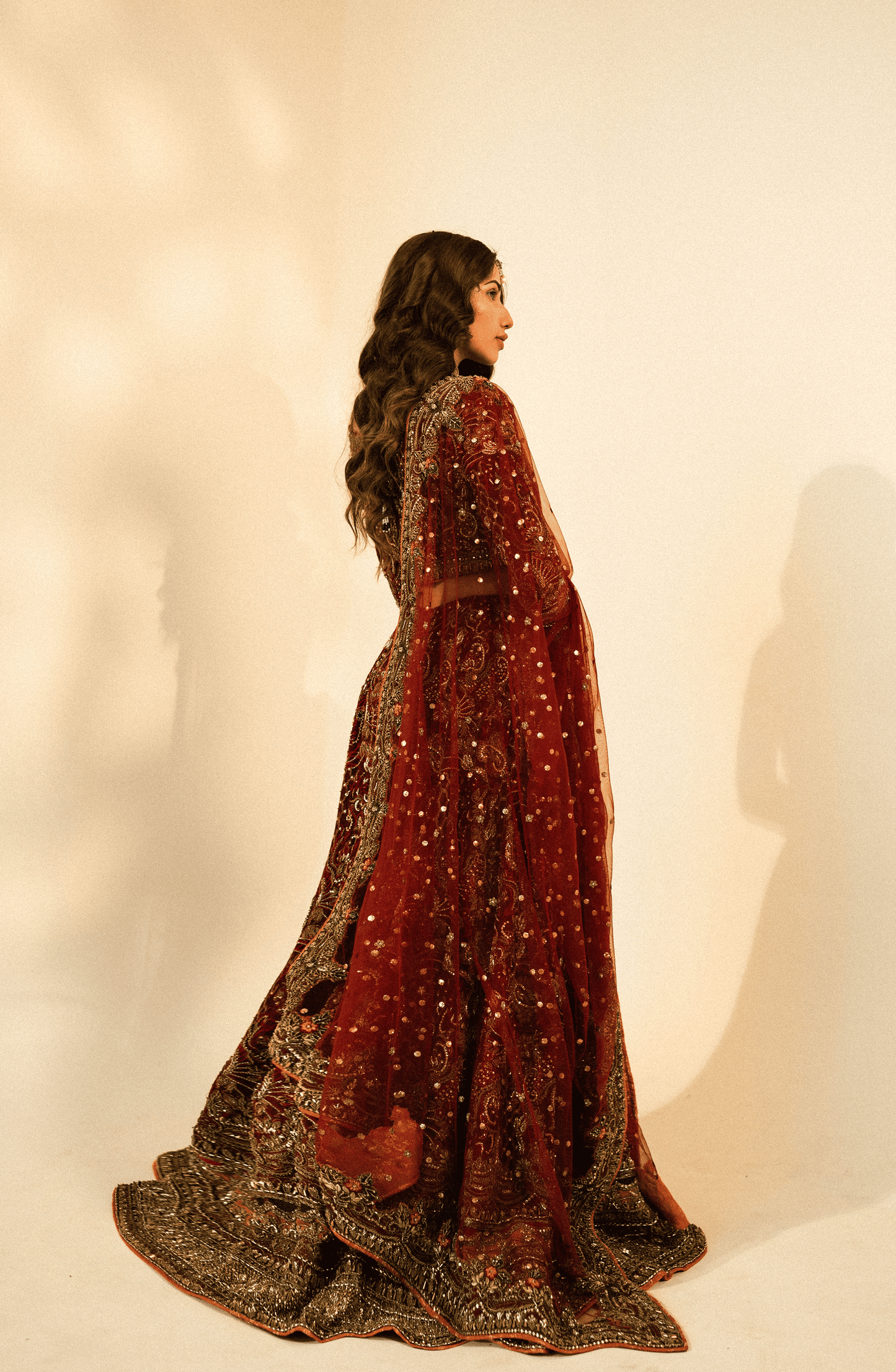 Nazakat - Bridal Embroidered Maroon Lehnga Choli with a Net Dupatta