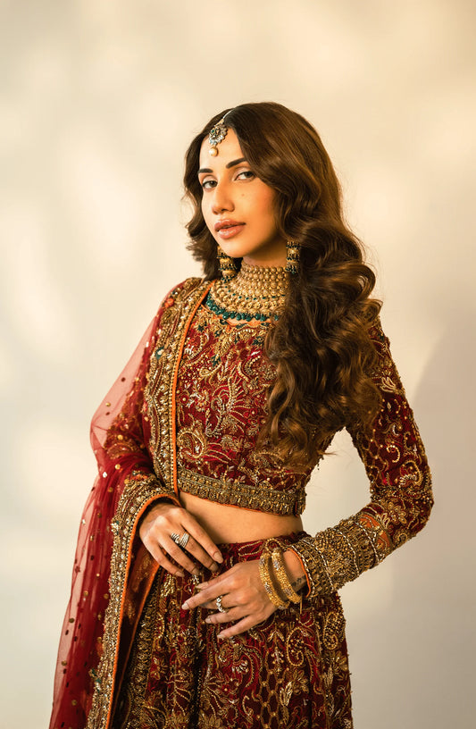 Nazakat - Embroidered Maroon Lehenga Choli with a Net Dupatta