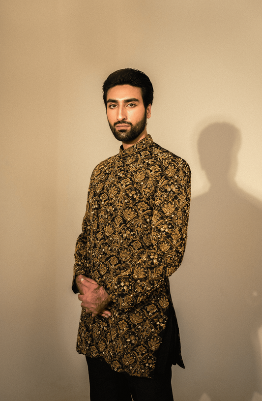 Nawazish - Off-White Prince Coat Paired with a Mustard Kurta and Pants