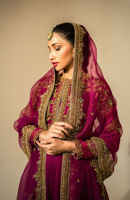 Raqs - Fuchsia Gown Paired with an Organza Dupatta & Sharara