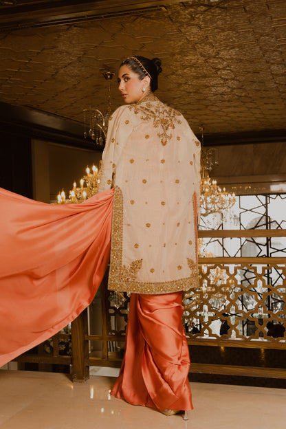 Coral Deluxe – Coral Pink Charmeuse Silk Saree Paired with embellished Organza Jacket
