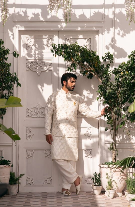 Dove White - Embroidered Waist Coat Paired with Kurta and Shalwar