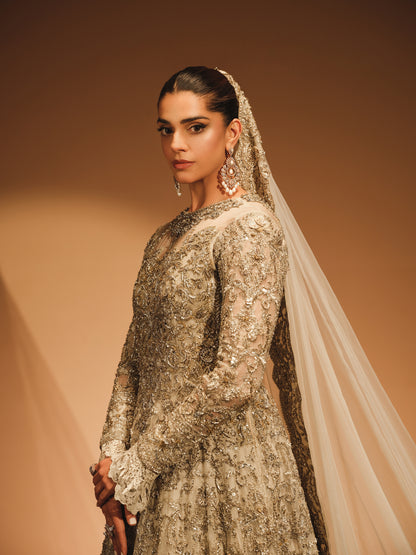 Khuwaab - Off-White Regal Bridal Gown with a Net Veil