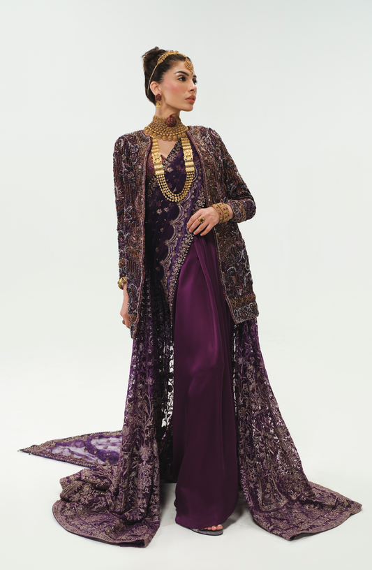 Alluring Aubergine Purple Ensemble with Multilayered Silhouette - Pakistani Designer Luxury Formal Dresses