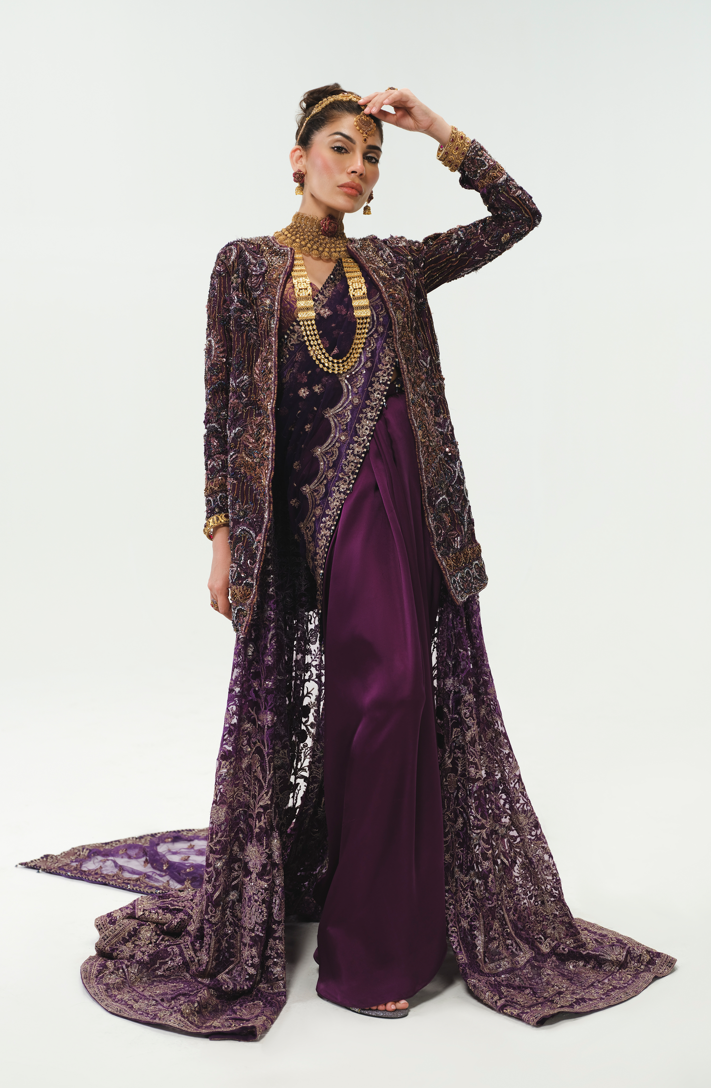 Alluring Aubergine Purple Ensemble with Multilayered Silhouette - Pakistani Designer Luxury Formal Dresses