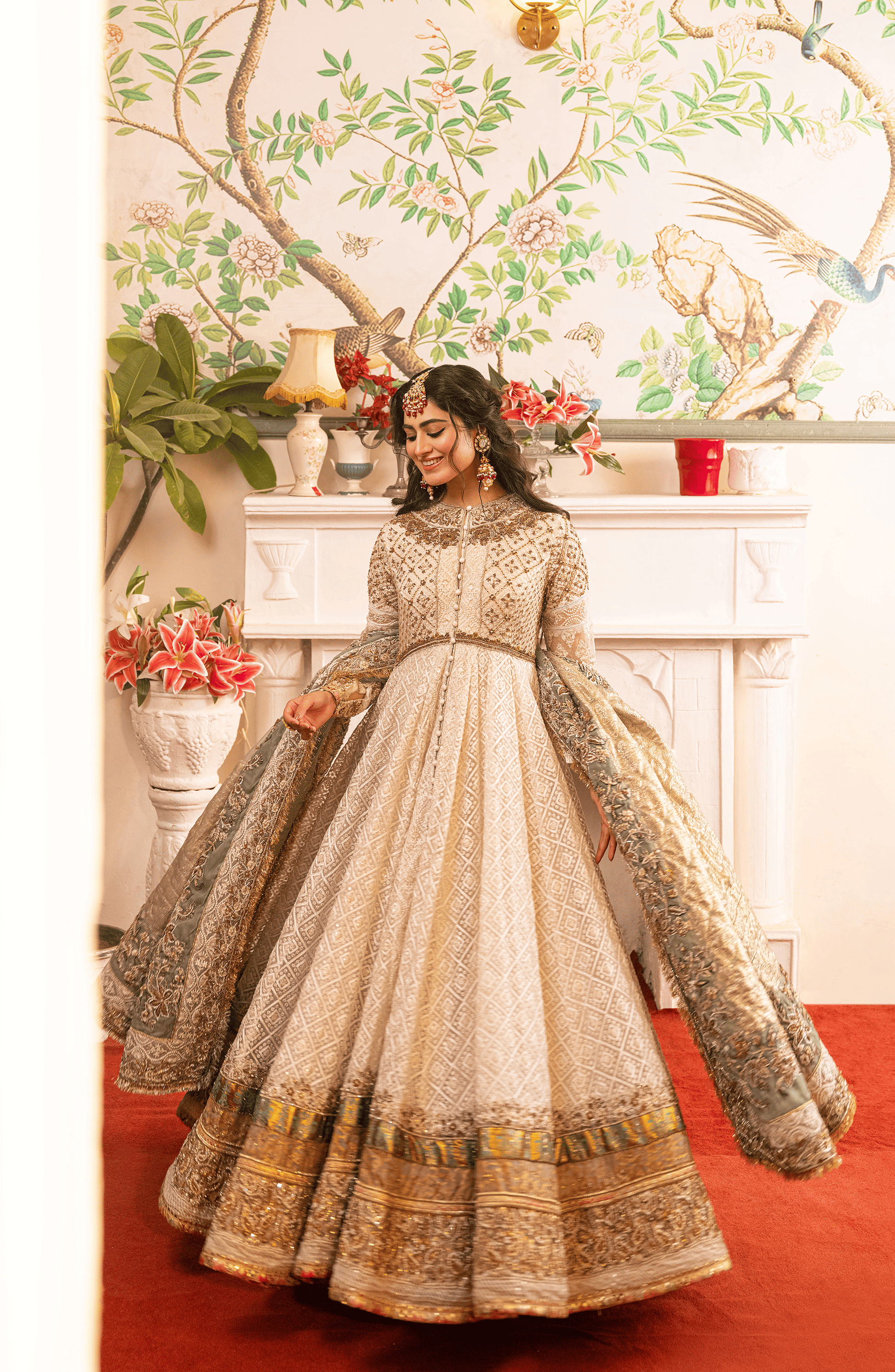 Zeenat – Pearl White Pishwas Paired with Organza Dupatta & Chooridar