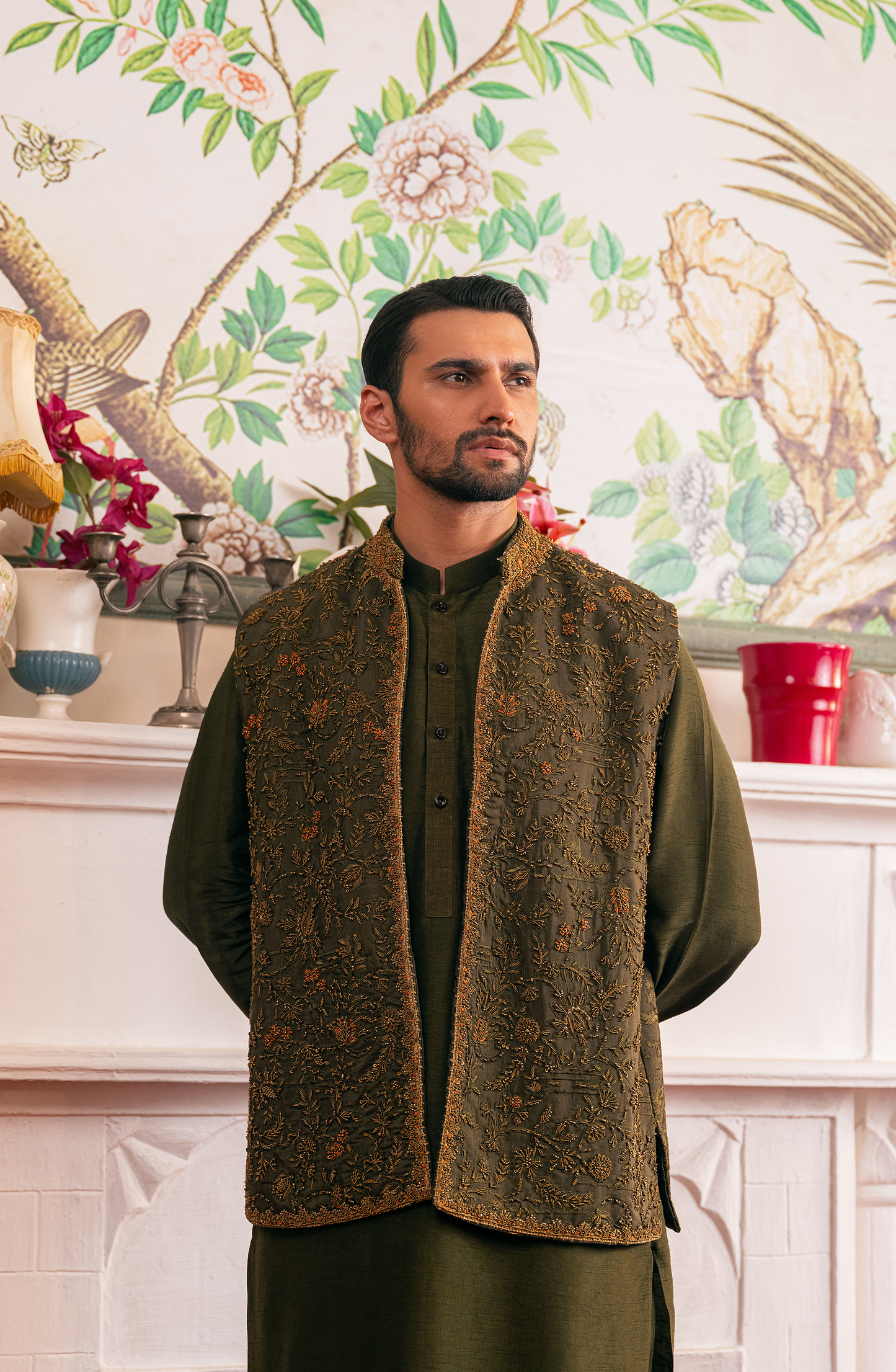 HSY Waistcoat - Olive Green Silk Ensemble