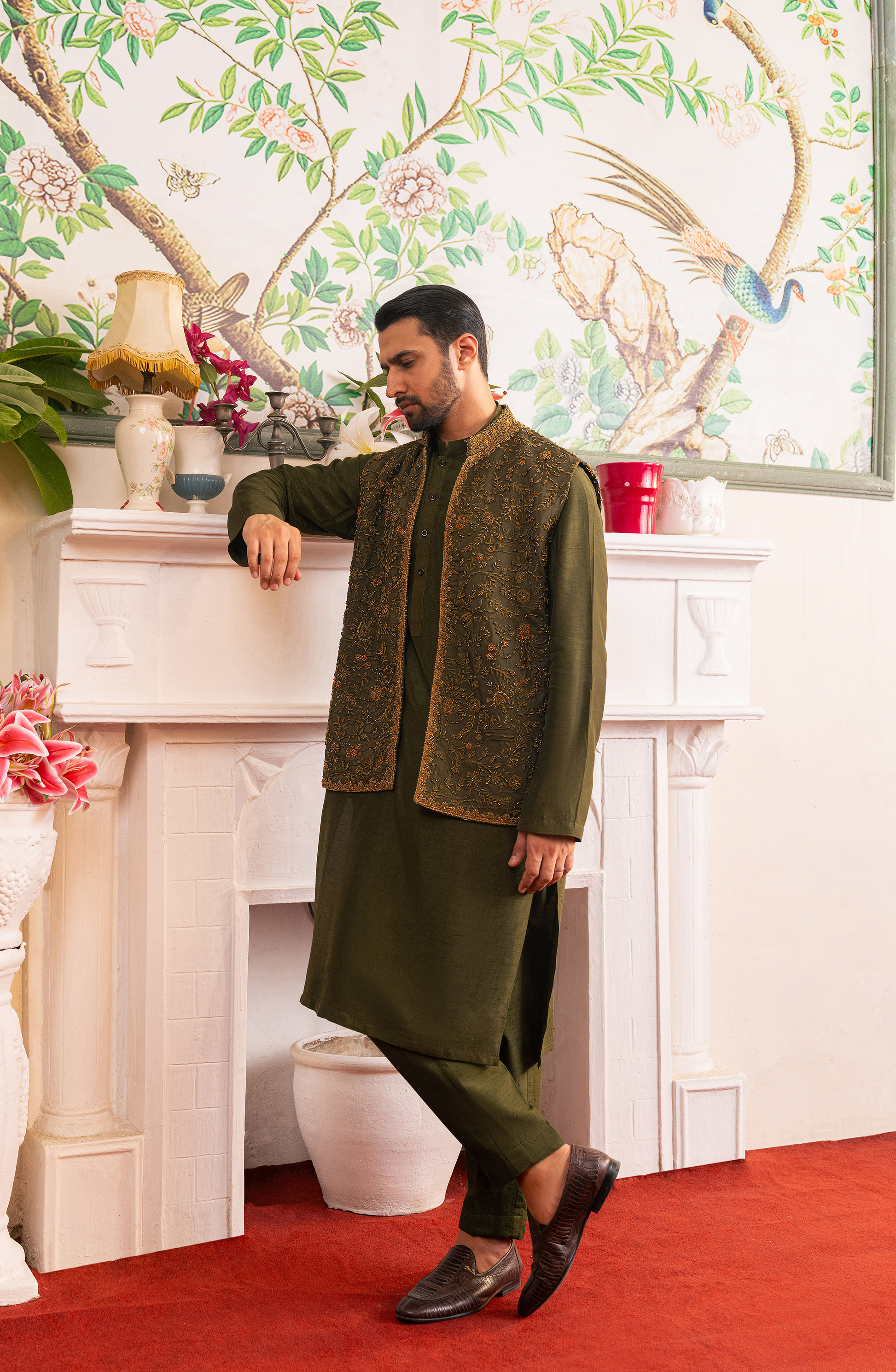 HSY Waistcoat - Olive Green Silk Ensemble