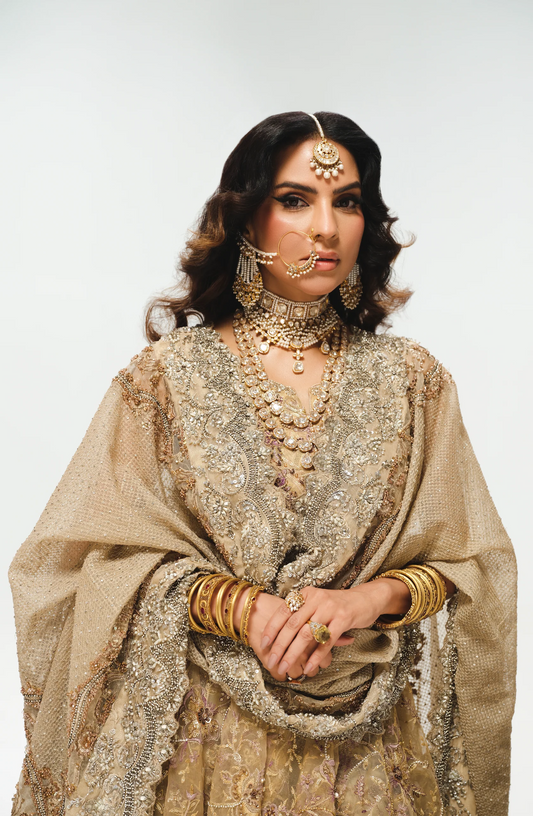 Andaaz - French Beige and Sepia Bridal Ensemble with Farshi Gharara and Peplum