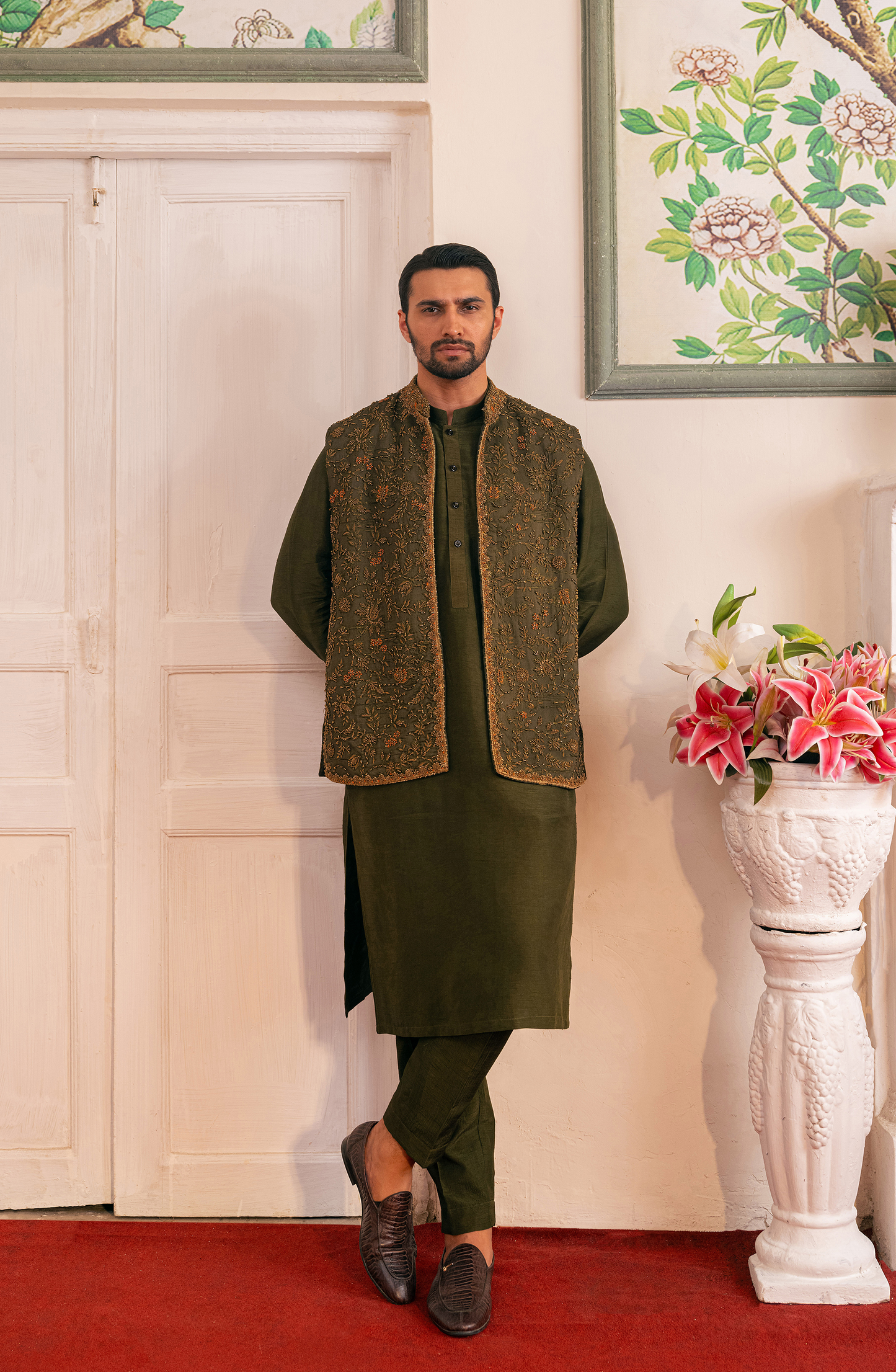 HSY Waistcoat - Olive Green Silk Ensemble