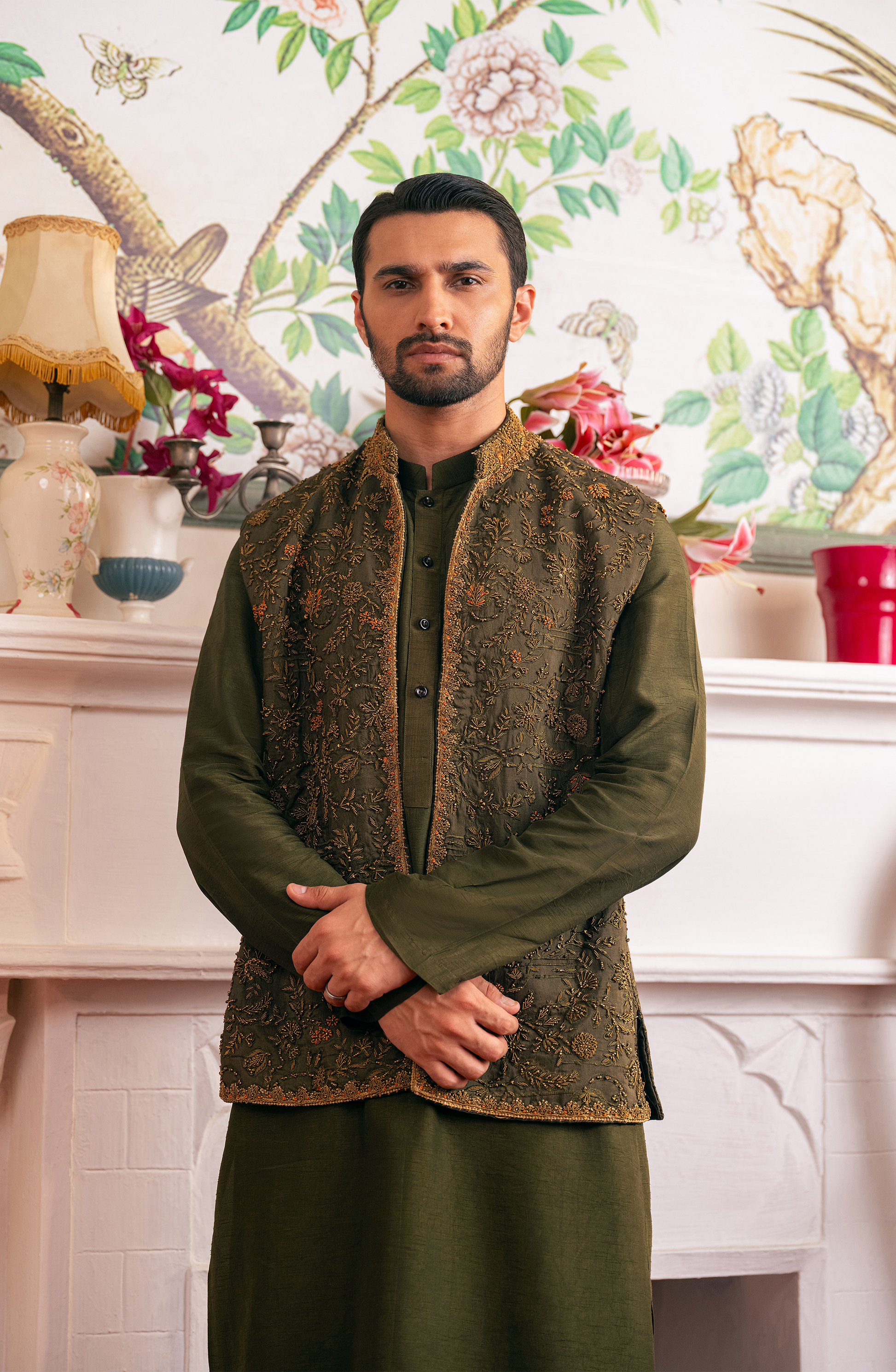 HSY Waistcoat - Olive Green Silk Ensemble