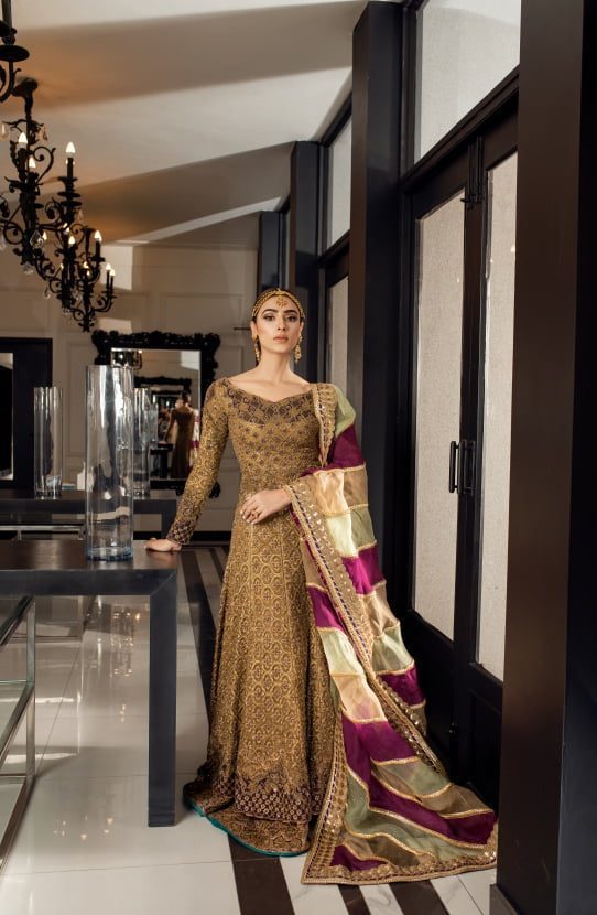 Bridal Embellished Floor Length Gown with Silk Lehenga and Dupatta