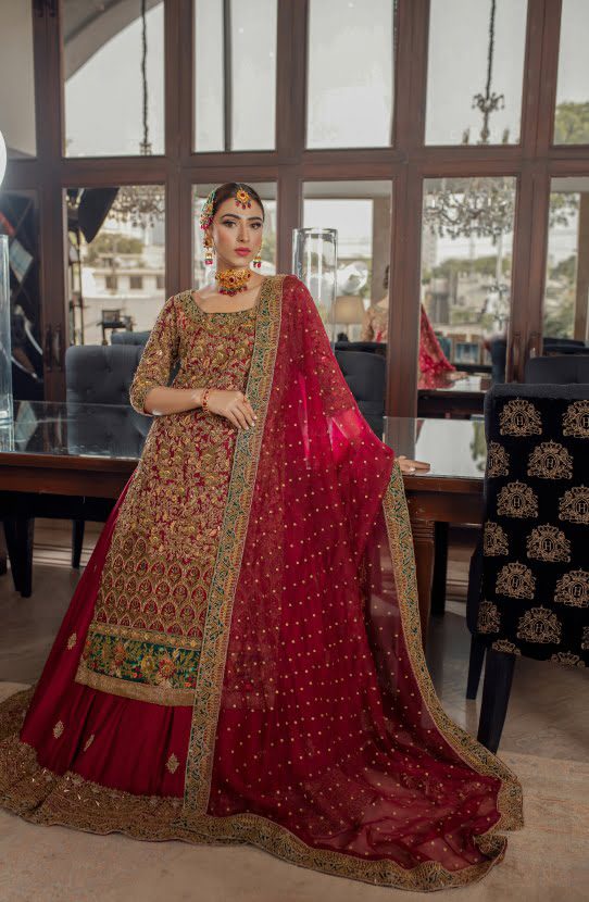 Bridal Shirt with Antique Gold Handwork with a Bordered Silk Lehenga