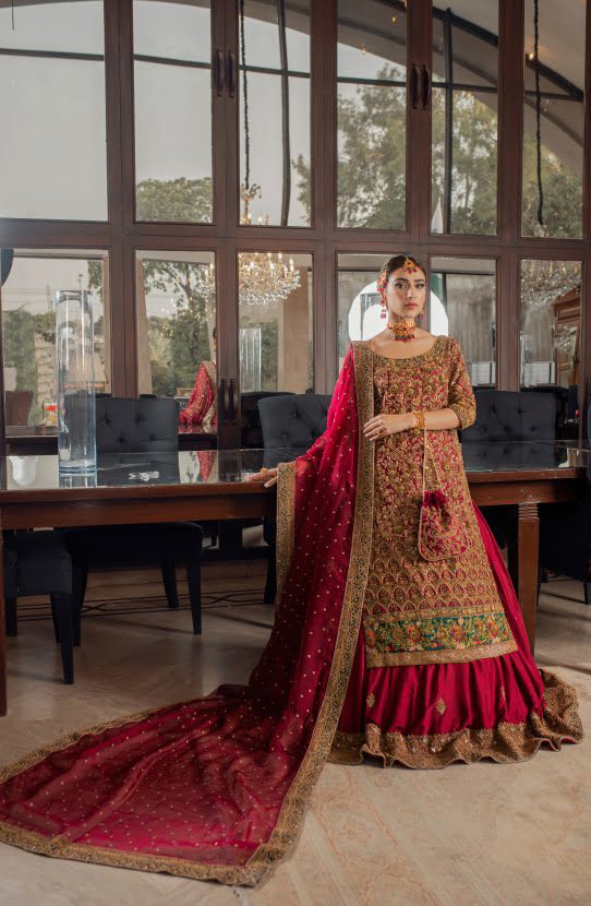 Bridal Shirt with Antique Gold Handwork with a Bordered Silk Lehenga