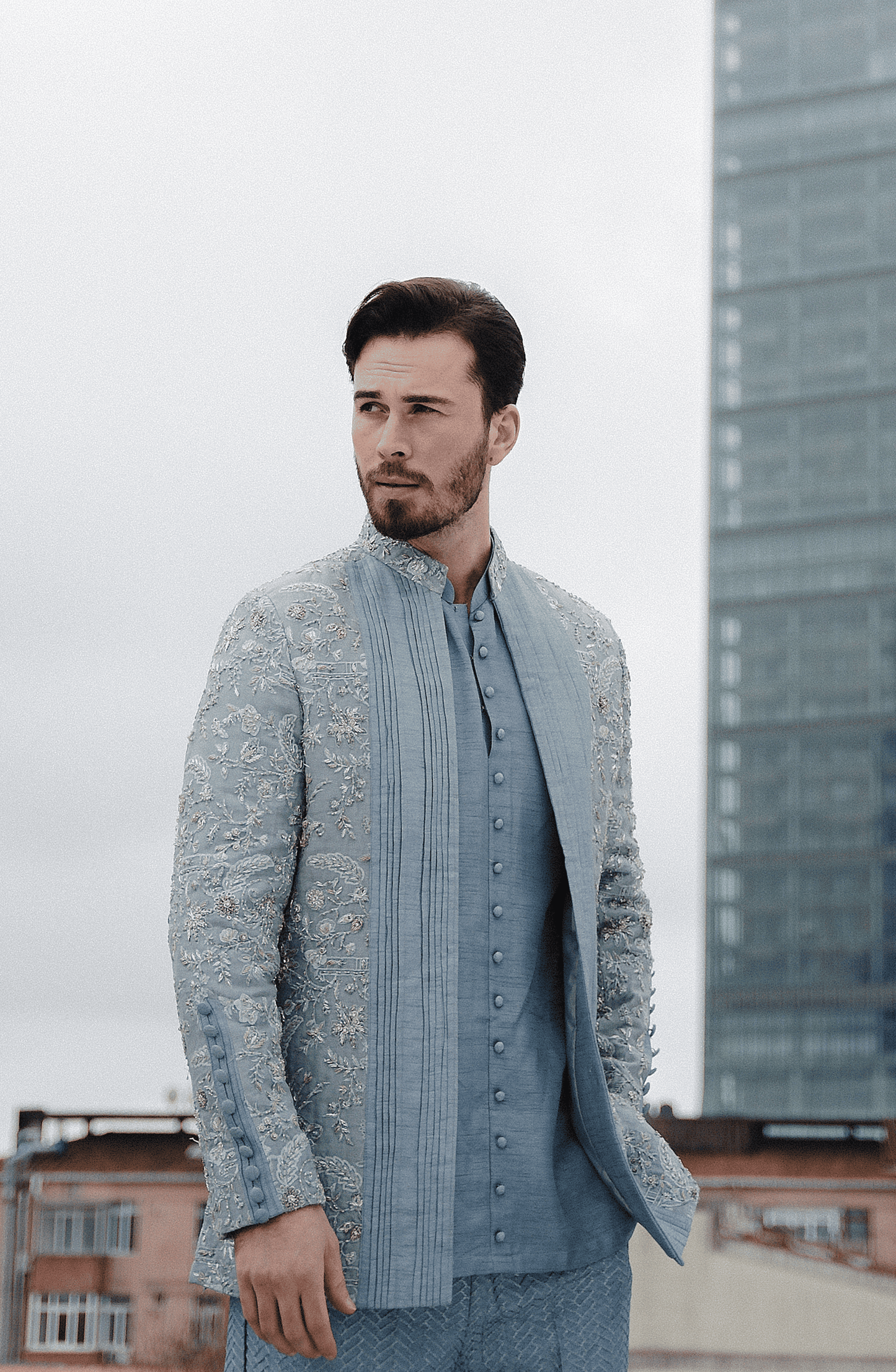 Embellished Ice Blue Prince Coat Paired with A Shirt and Pants