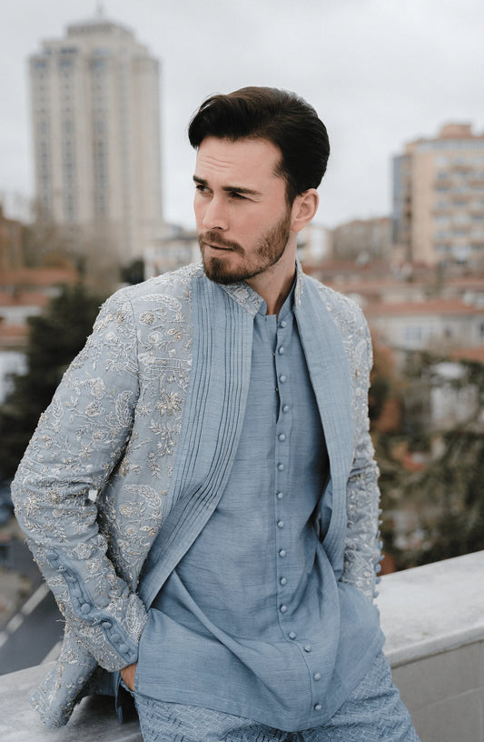 Glacierre - Embellished Ice Blue Prince Coat Paired with A Shirt and Pants
