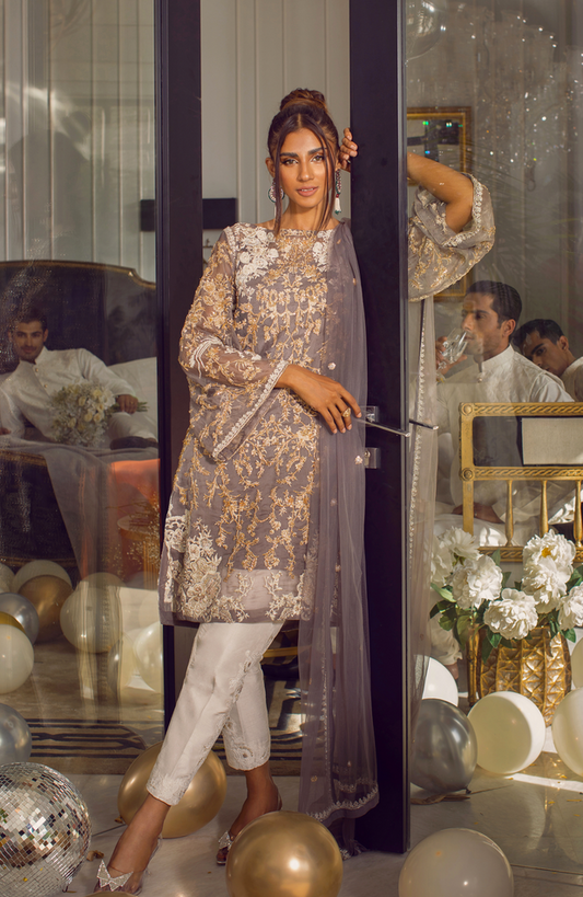 Orlena - Purple Embellished Shirt with a Dupatta and Cigarette Pants
