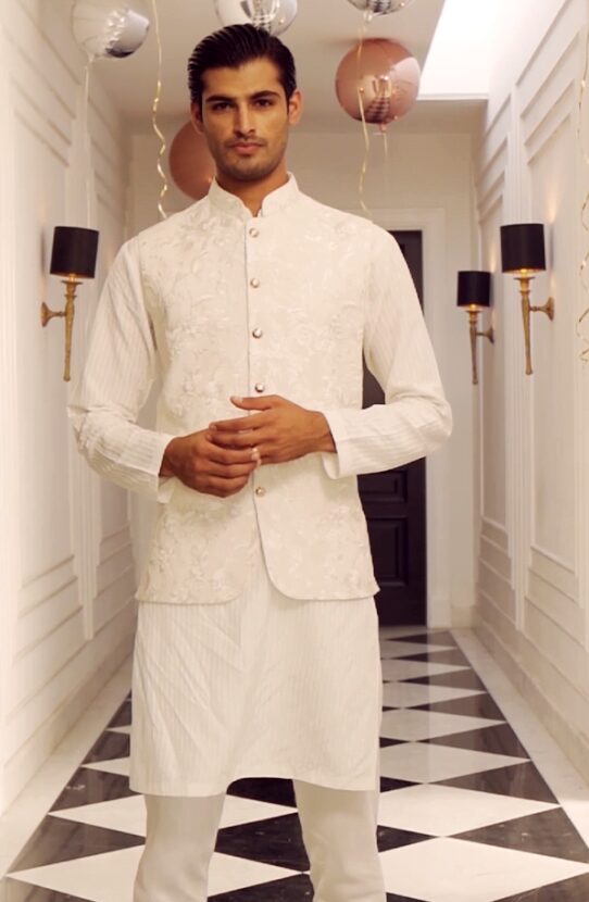 Embroidered Waistcoat in White Paired with a Kurta and Pajama