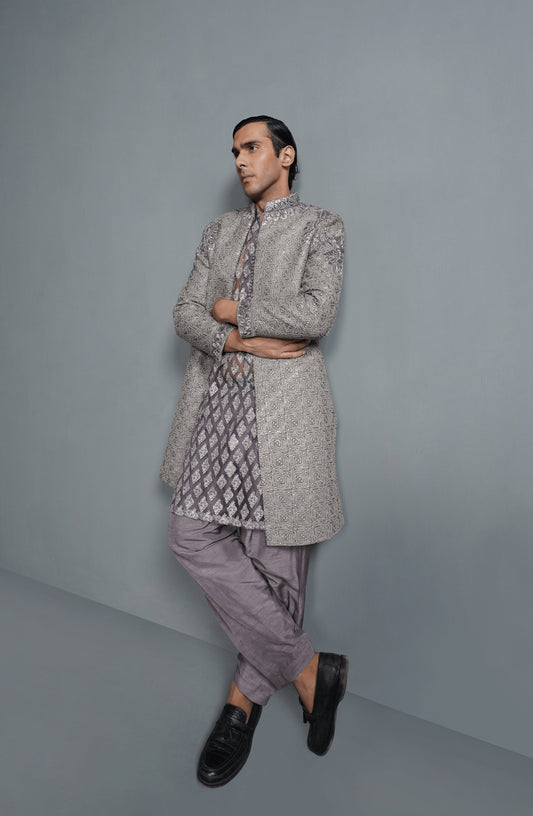 Discover classic sherwanis for men-moonlight-lilac-silk-sherwani-set-side