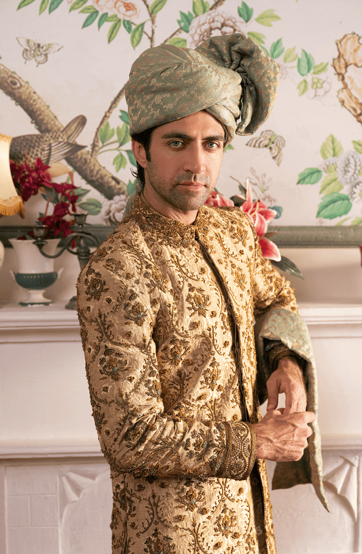 Shahjahan - Beige Sherwani, Silk Kurta, Chooridar Pajama & Turban