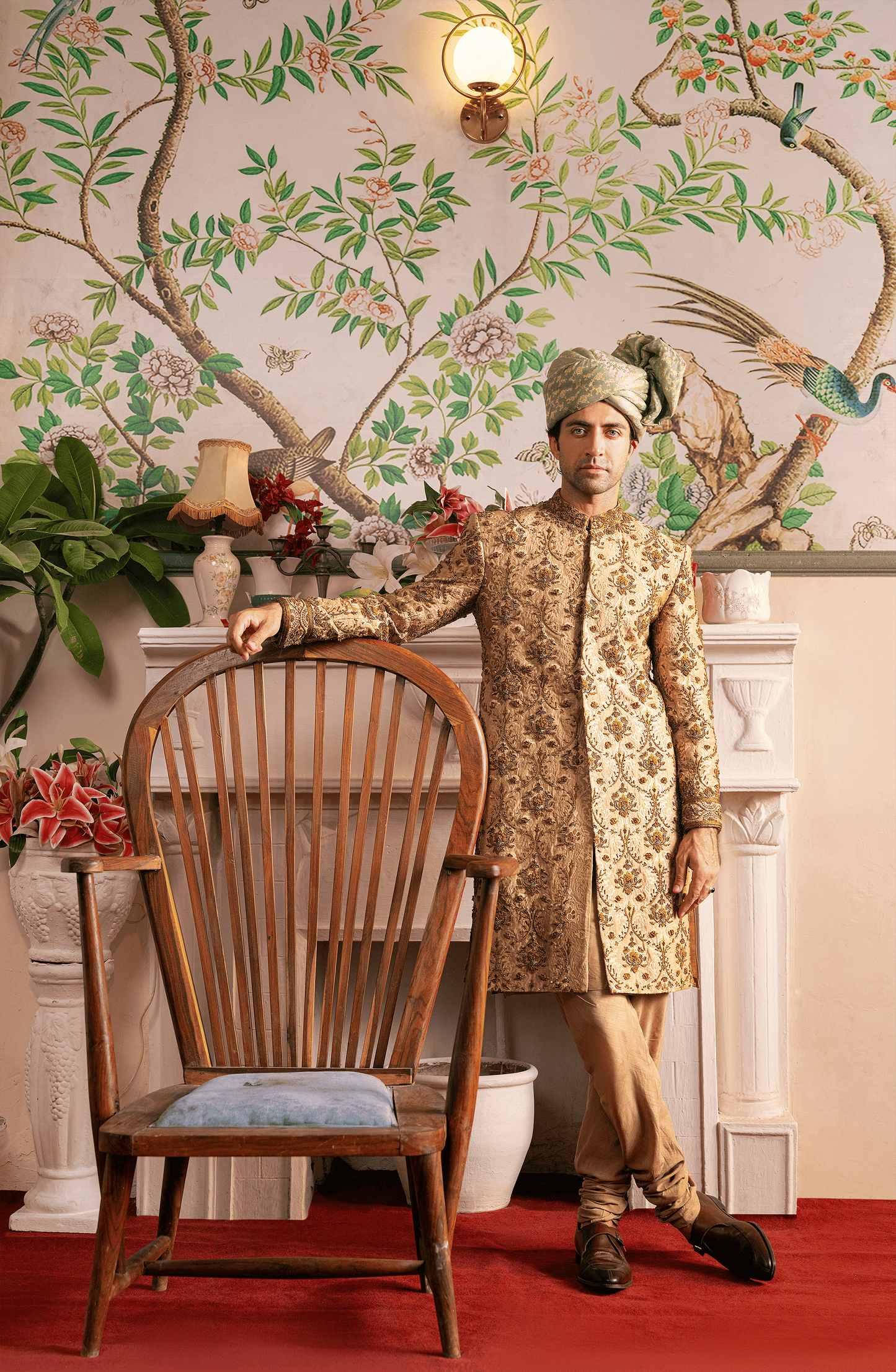 Shahjahan - Beige Sherwani, Silk Kurta, Chooridar Pajama & Turban