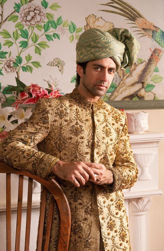 Shahjahan - Beige sherwani, silk kurta, chooridar pajama & turban