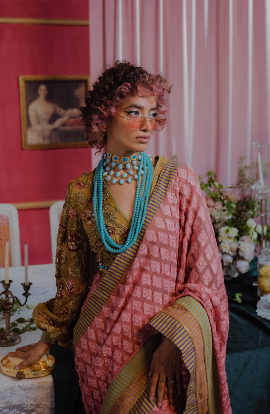 Rose vale - A Blush Pink Saree Paired with a Balloon Sleeved Blouse