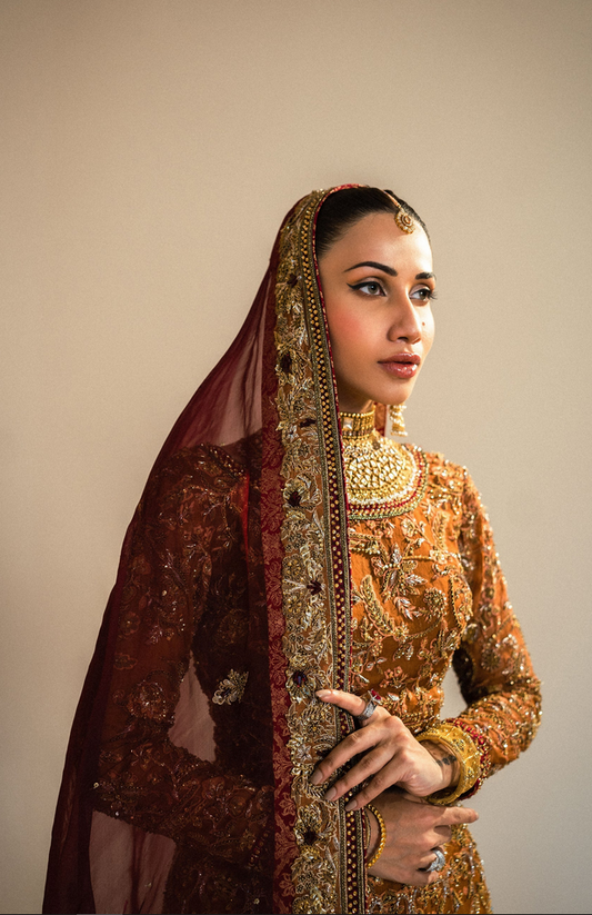 Afreen - Organza Lehenga Choli & Dupatta in Mustard & Maroon