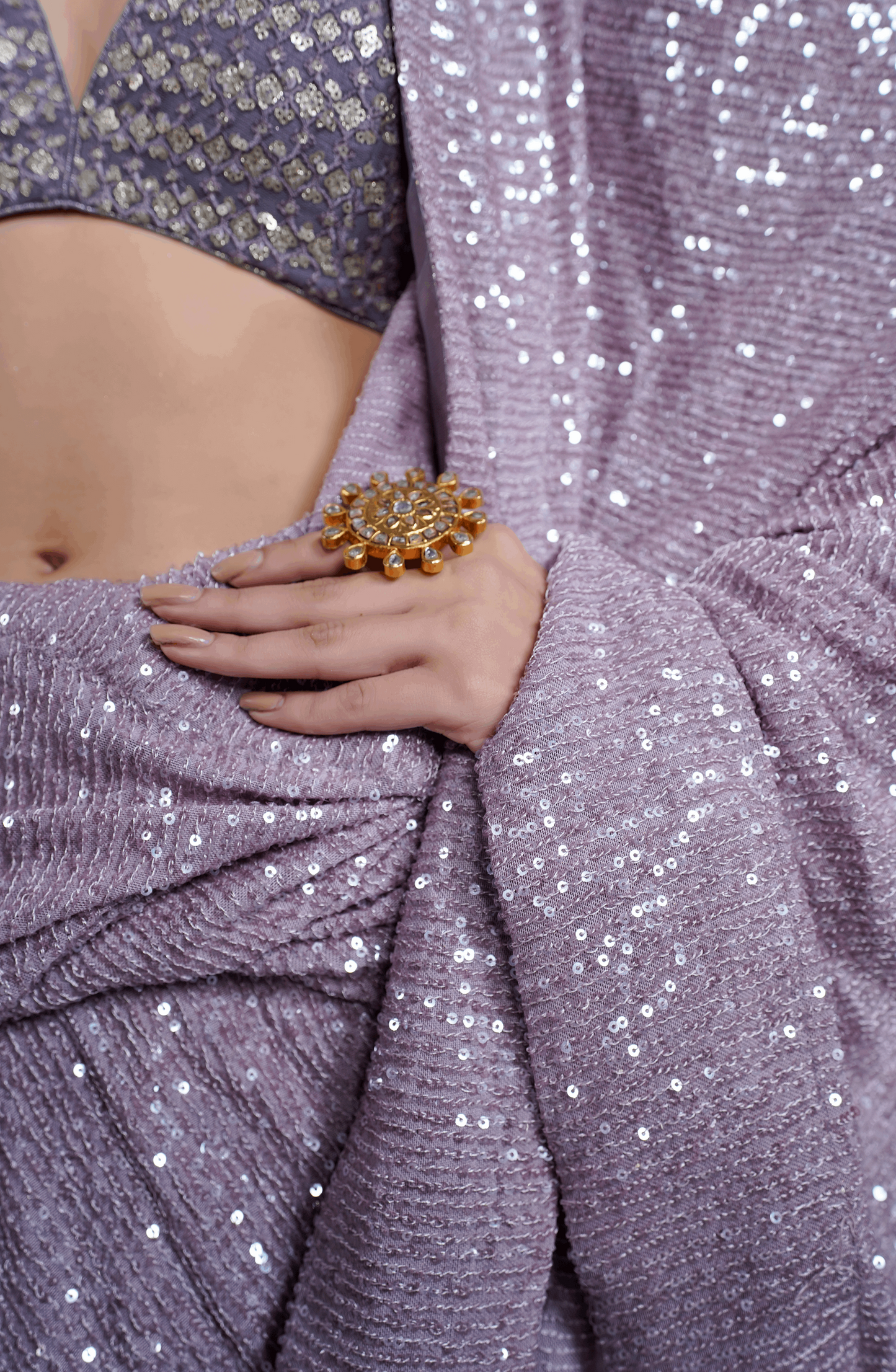 Amethyst Sparkle - Sequinned Net Saree Ensemble-Closeup sequin detailing on Amethyst Sparkle net saree set