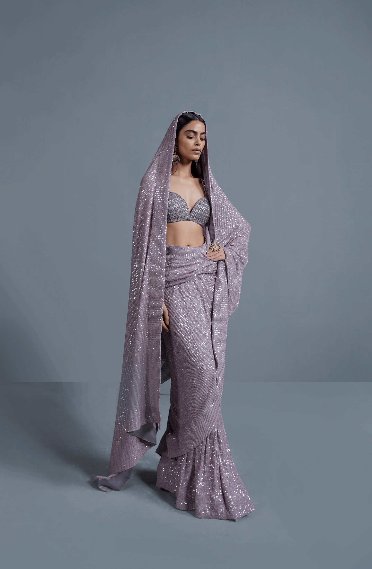 Amethyst Sparkle - Sequinned Net Saree Ensemble-Closeup sequin detailing on Amethyst Sparkle net saree set