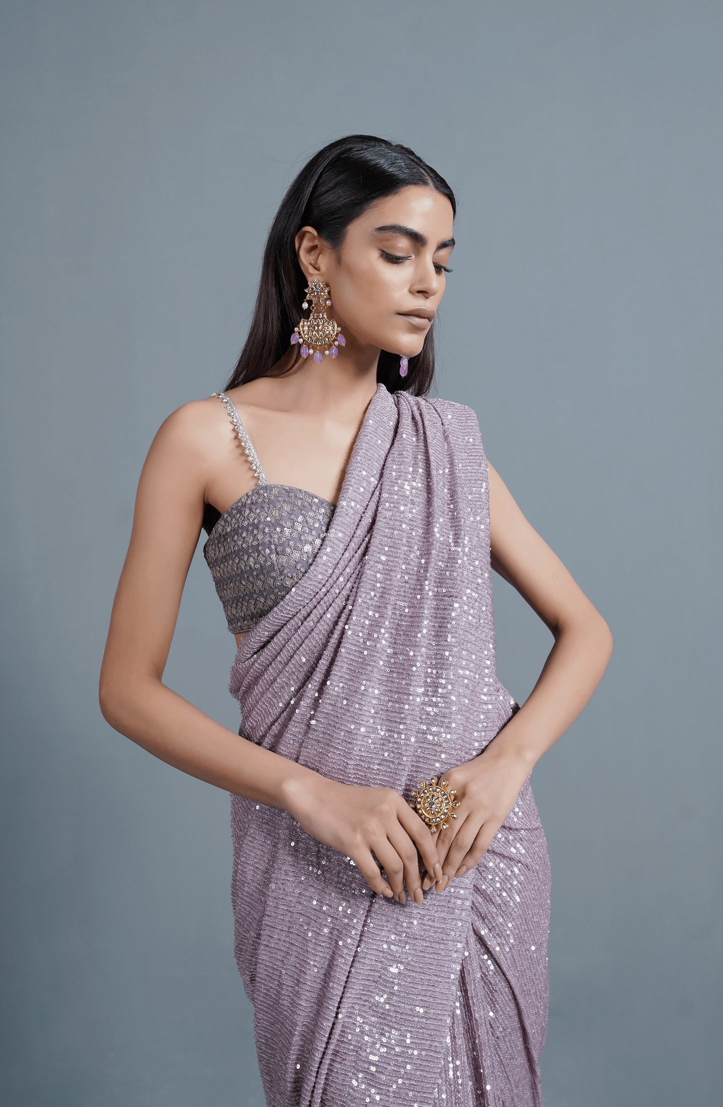 Amethyst Sparkle - Sequinned Net Saree Ensemble-Front view of Amethyst Sparkle sequinned net saree ensemble