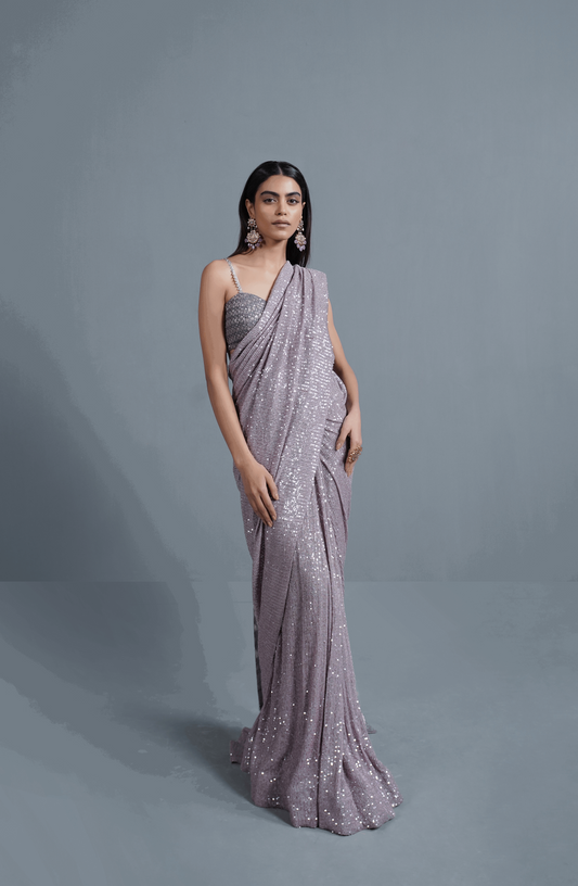 Amethyst Sparkle - Sequinned Net Saree Ensemble-Full outfit view of Amethyst Sparkle sequinned net saree ensemble