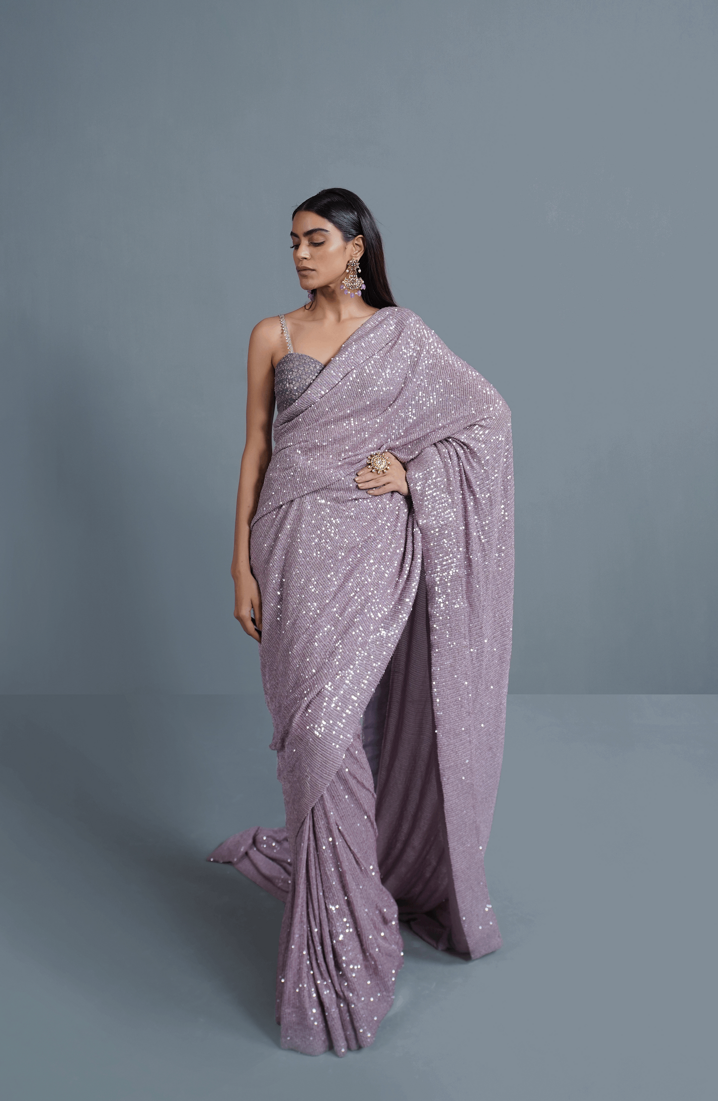 Amethyst Sparkle - Sequinned Net Saree Ensemble-Party wear look in Amethyst Sparkle sequinned net saree ensemble