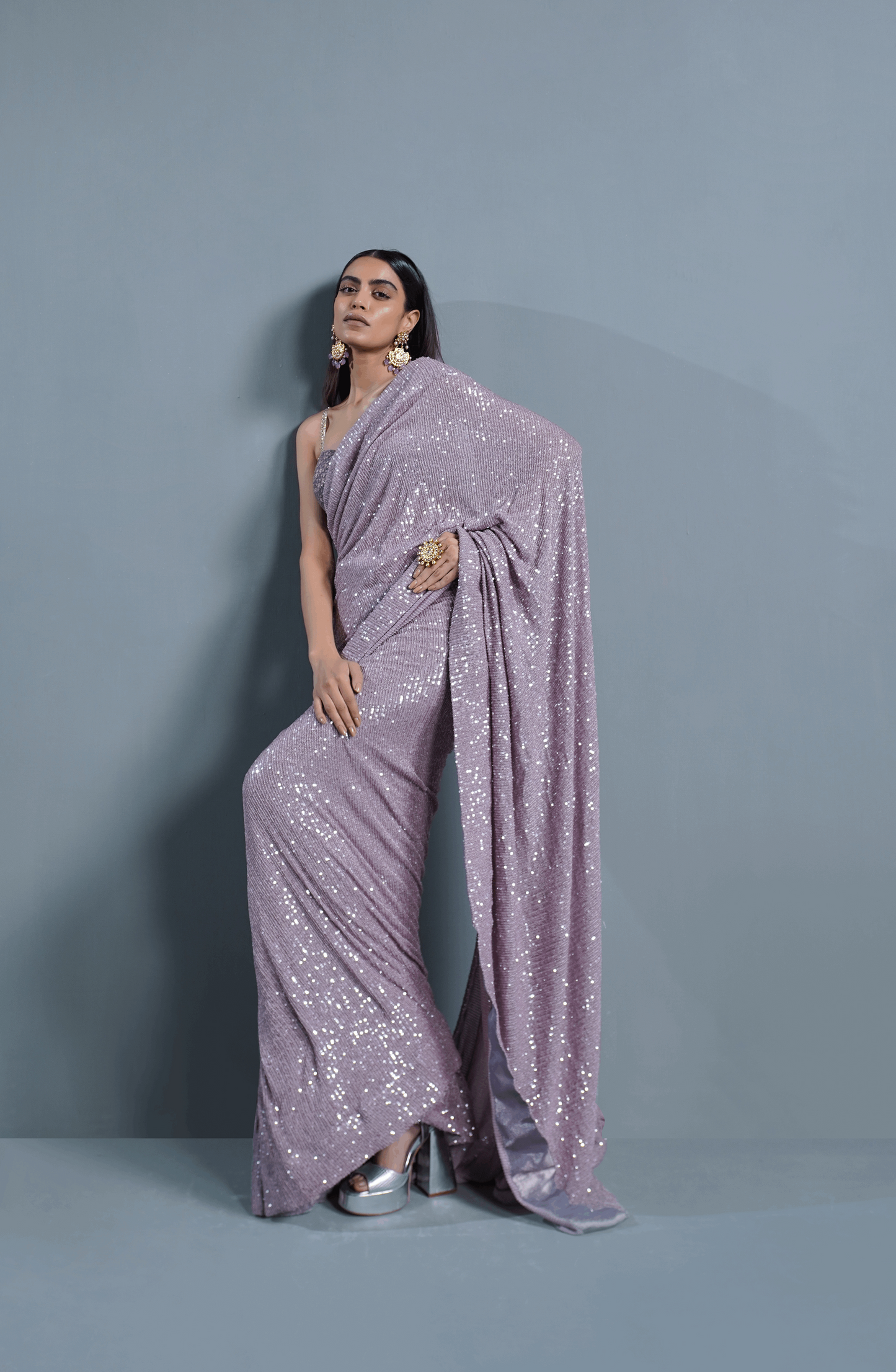 Amethyst Sparkle - Sequinned Net Saree Ensemble-Party wear look in Amethyst Sparkle sequinned net saree ensemble