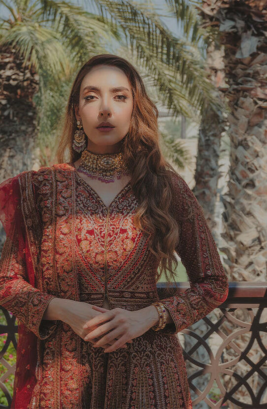 Red Pishwas online USA -Closeup embroidery details on alluring deep red Anarkali pishwas.