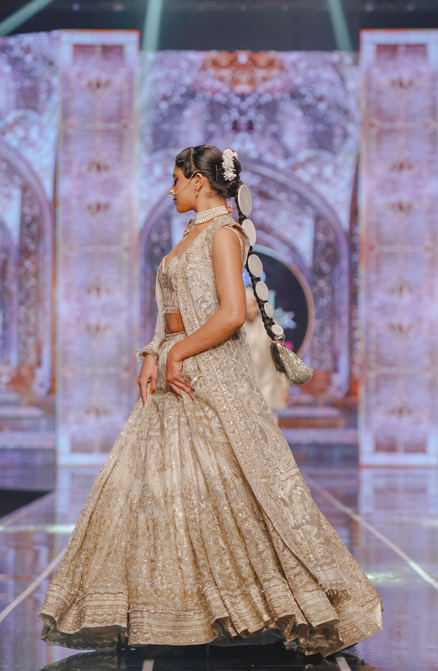 Pakistani Luxury couture by HSY-Closeup embroidery work on BCW-01 net lehenga choli ensemble.