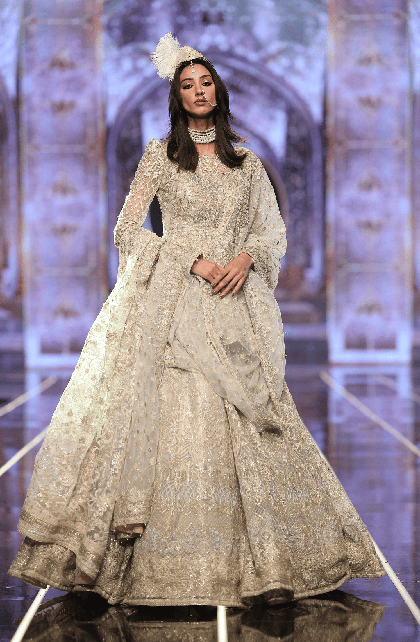 HSY | BCW-02 - Net Peplum Lehenga Ensemble-Elegant BCW-02 net peplum lehenga ensemble with embroidery, front view.