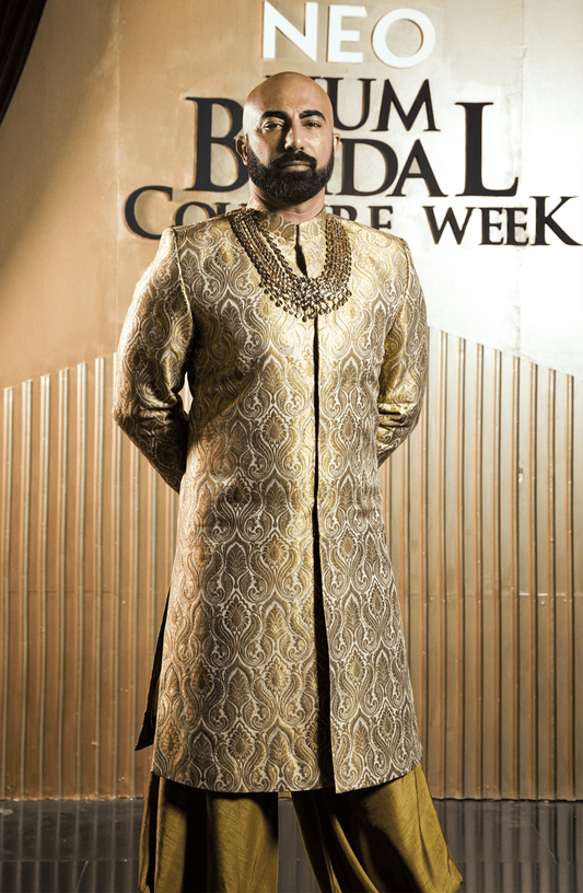 HSY Elegant BCW-M04 jamawar sherwani with silk triangle pants and kurta, front view.
