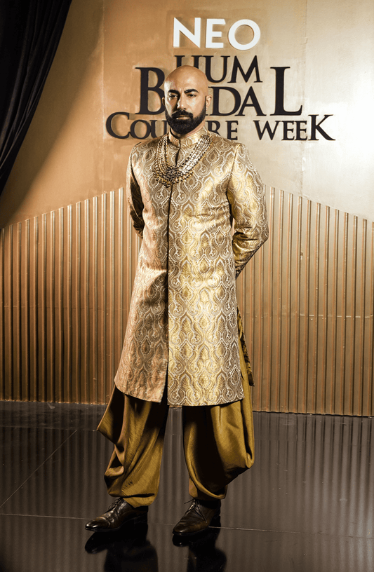 Full outfit view of BCW-M04 jamawar sherwani styled with silk pants and kurta-Full outfit view of BCW-M04 jamawar sherwani styled with silk pants and kurta.