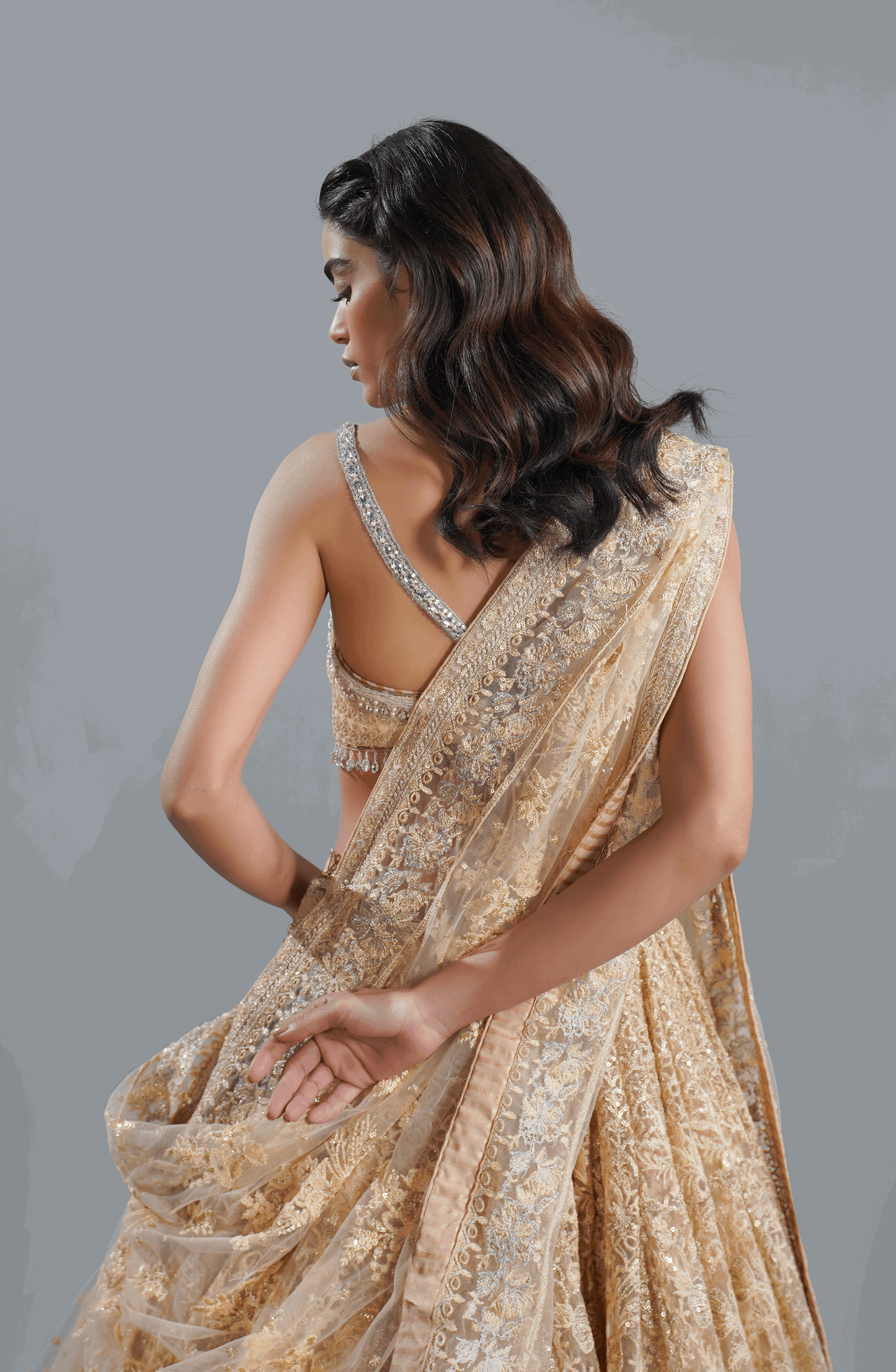 Beige Dream - Exquisite Net Lehenga Choli Outfit-Back design of blouse from beige net lehenga choli set with elegant finish.