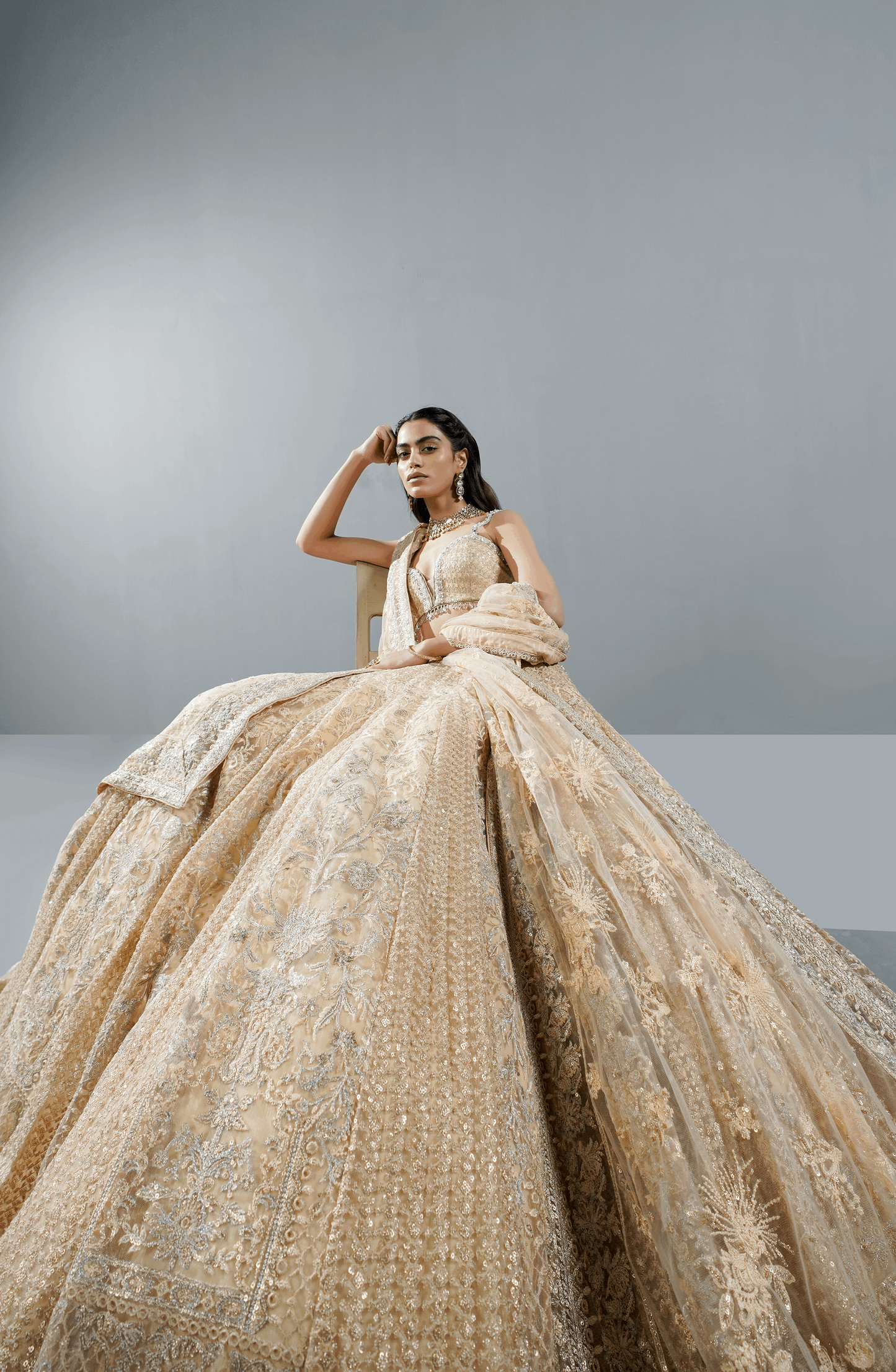Beige Dream - Exquisite Net Lehenga Choli Outfit-Traditional ethnic look styled in Beige Dream exquisite lehenga choli for weddings and festive wear
