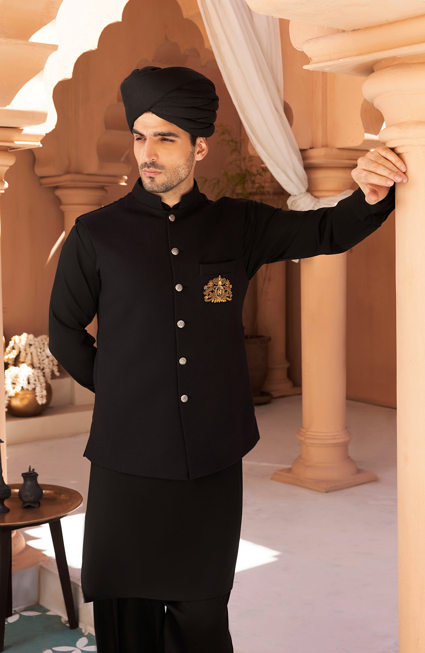 HSY Black Waistcoat Shalwar Kameez-Full outfit view of black waistcoat and shalwar kameez set