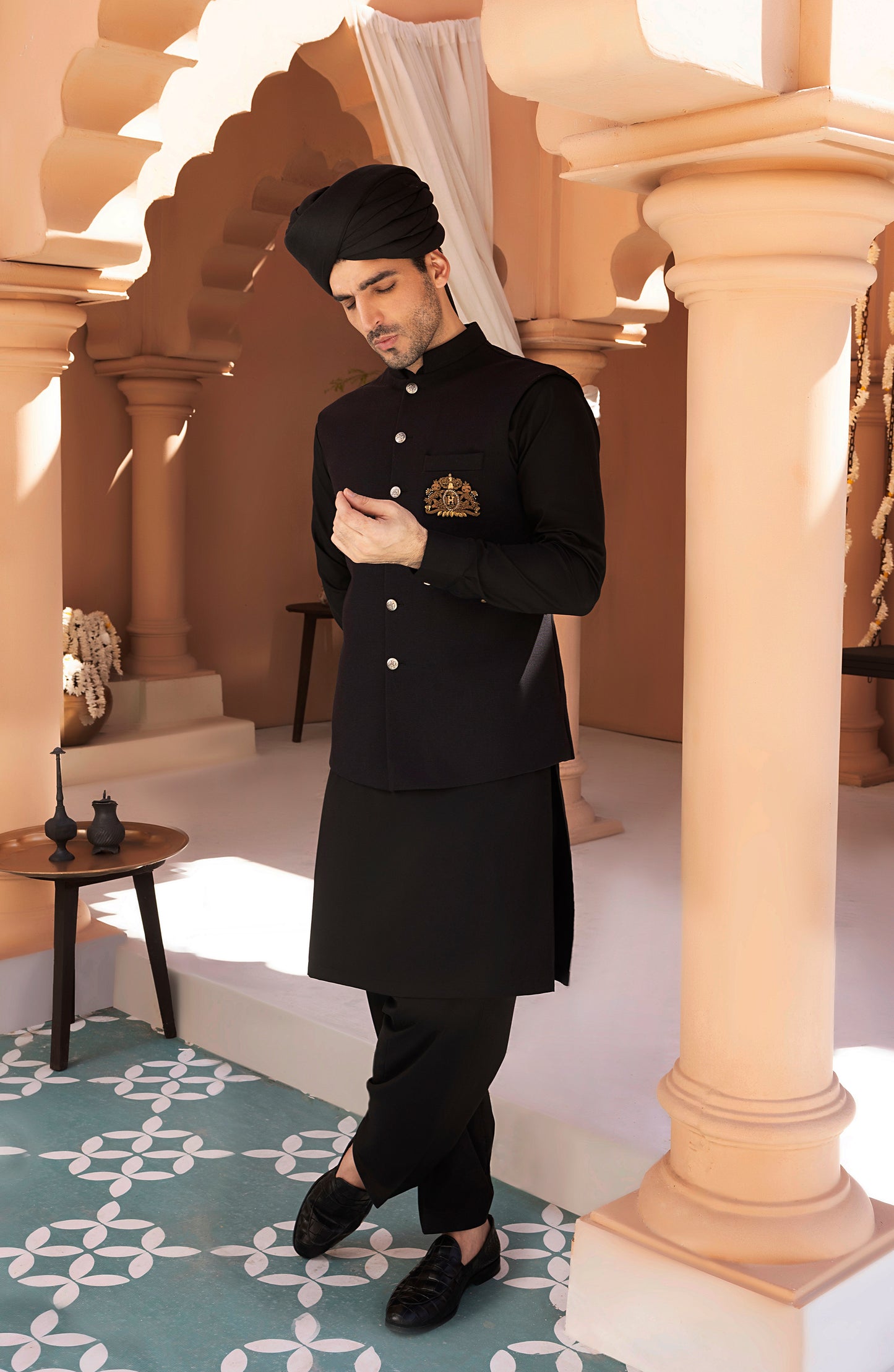HSY Black Waistcoat Shalwar Kameez-Full outfit view of black waistcoat and shalwar kameez set