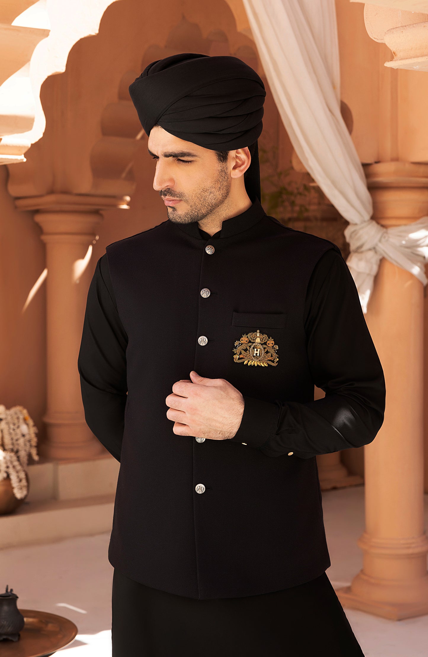 HSY Black Waistcoat Shalwar Kameez-Side profile of black waistcoat paired with shalwar kameez