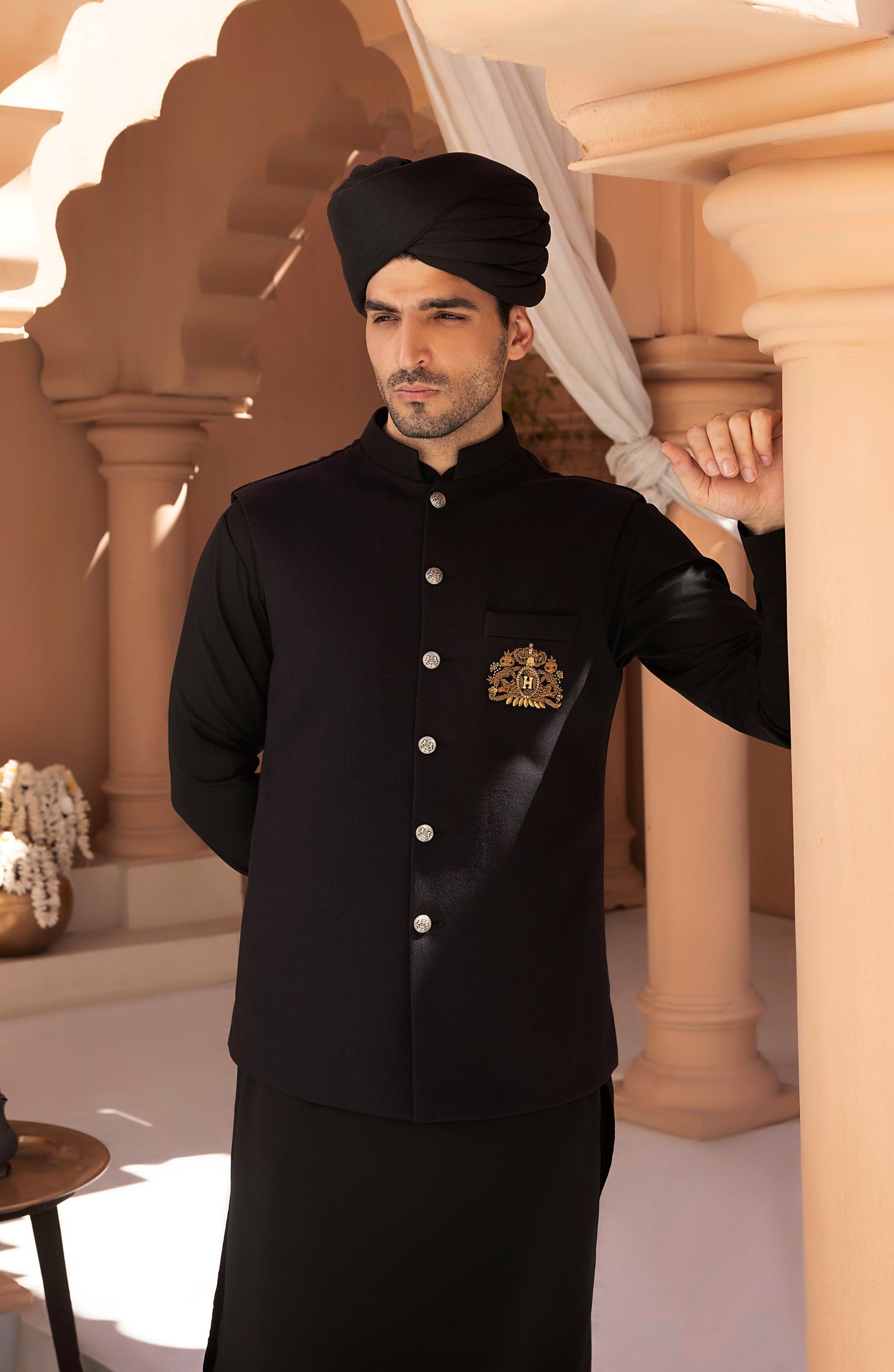 HSY Black Waistcoat Shalwar Kameez-Model wearing black waistcoat shalwar kameez front pose