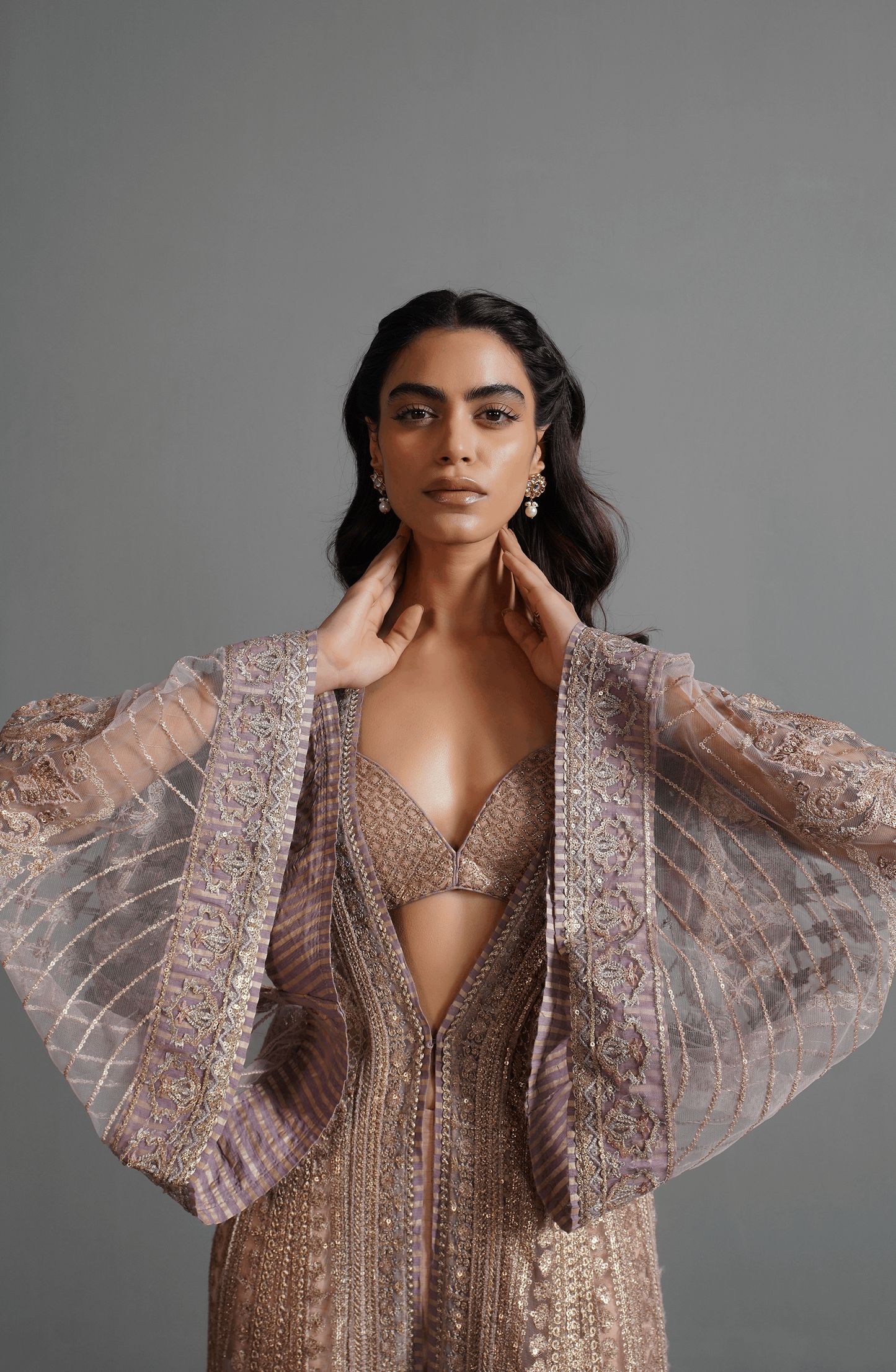Champagne Pink - Beautiful Embroidered Ensemble-Intricate craftsmanship and closeup hand embroidery on champagne pink ensemble.