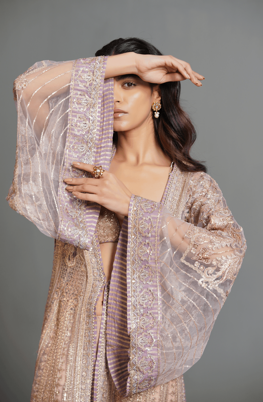 Champagne Pink - Beautiful Embroidered Ensemble-Closeup embroidery detail on champagne pink ensemble showcasing fine handwork.